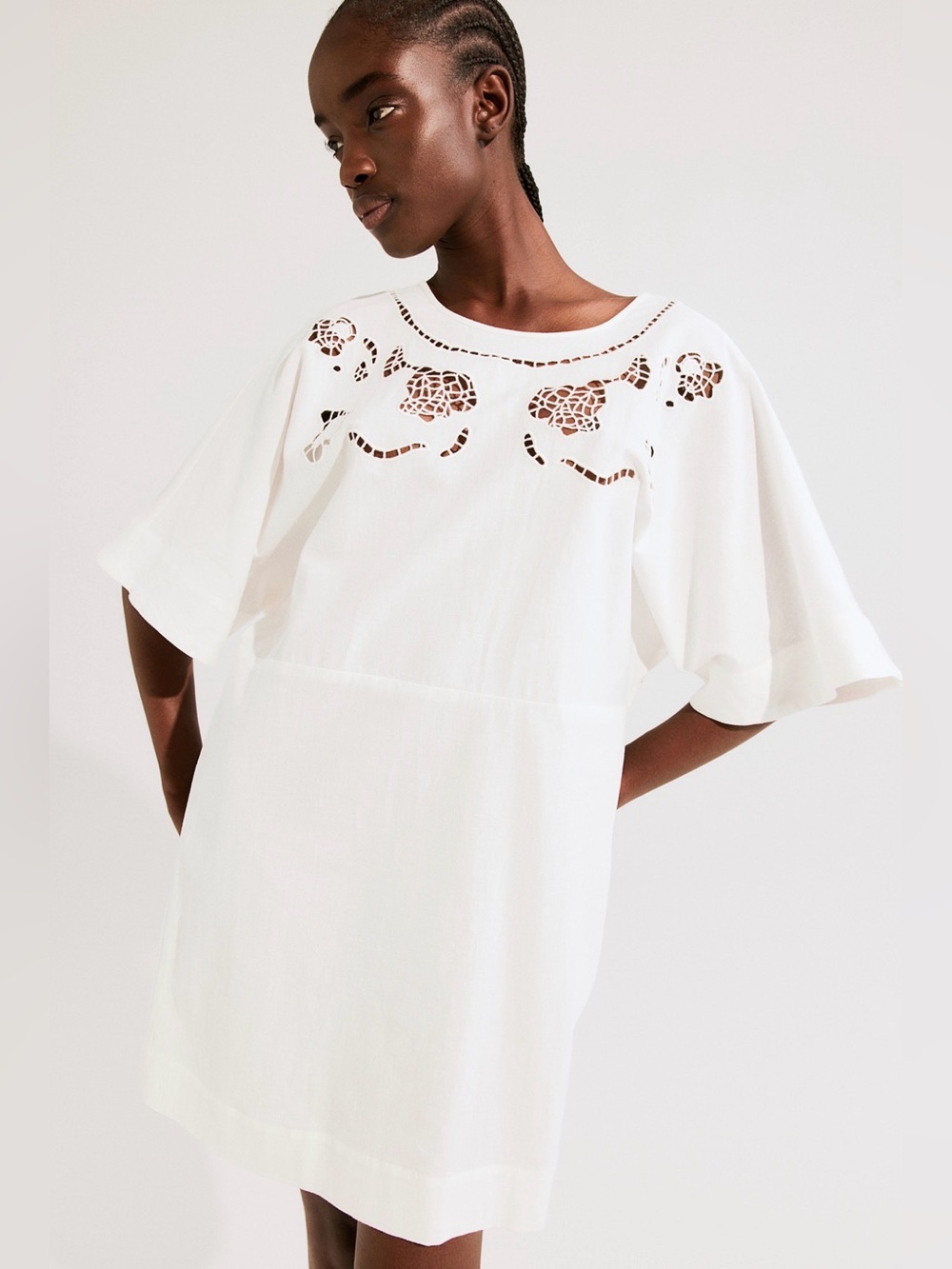 H&M Linen-Blend Broderie Anglaise Dress in Cream Size M